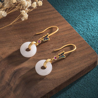 Pendientes de la suerte con forma de mariposa de jade blanco y piedra mitológica Feng Shui