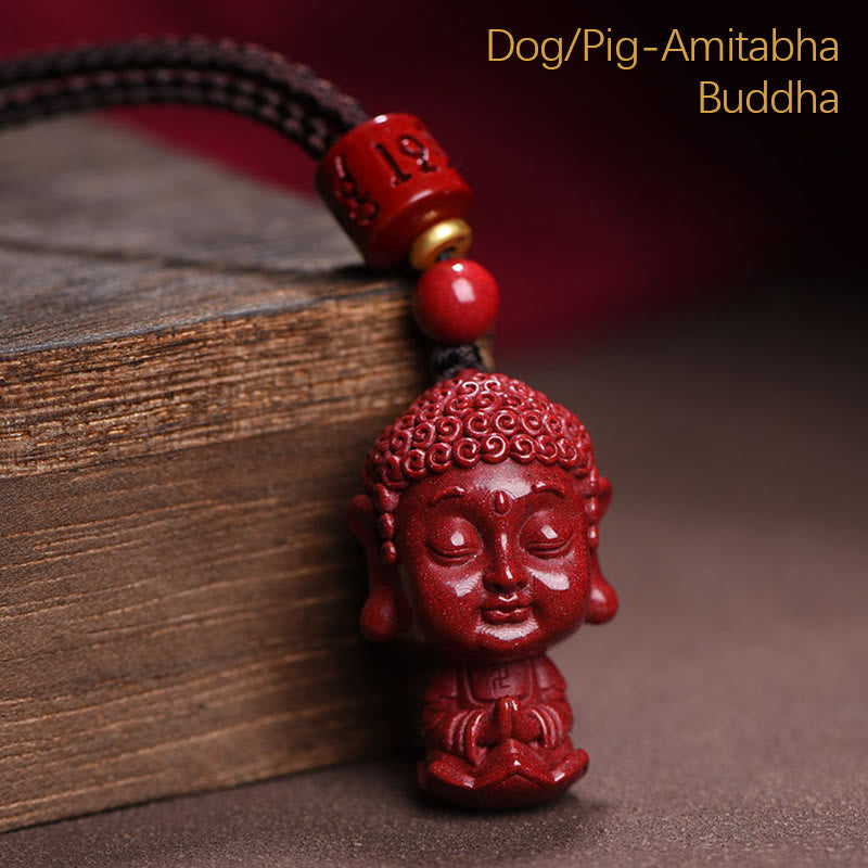 Mythstone Chinese Zodiac Natal Buddha Natural Cinnabar Amulet Keep Away Evil Spirits Necklace Pendant