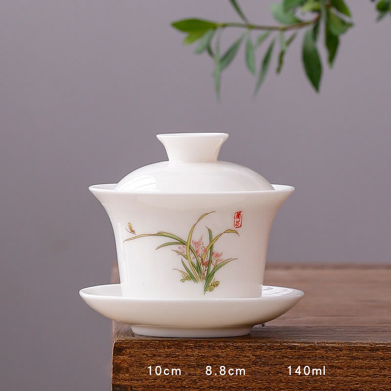 Mythstone White Porcelain Mountain Landscape Countryside Ceramic Gaiwan Teacup Kung Fu Tea Cup And Saucer With Lid