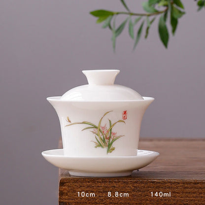 Mythstone White Porcelain Mountain Landscape Countryside Ceramic Gaiwan Teacup Kung Fu Tea Cup And Saucer With Lid