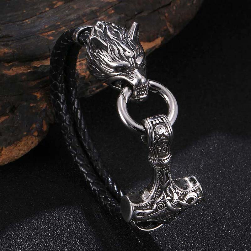 Mythstone Wolf Head Titanium Steel Leather Weave Blessing Bracelet