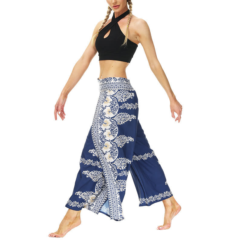 Mythstone Boho Flower Vine Split Thigh Wide Leg Pants Sports Fitness Dance Women's Yoga Pants