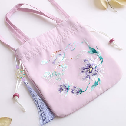 Mythstone Suzhou Embroidery Lotus Deer Epiphyllum Peony Rabbit Cotton Linen Tote Crossbody Bag Shoulder Bag Handbag