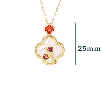 Mythstone 24K Gold Plated White Jade Four Leaf Clover Plum Blossom Luck Necklace Pendant Earrings