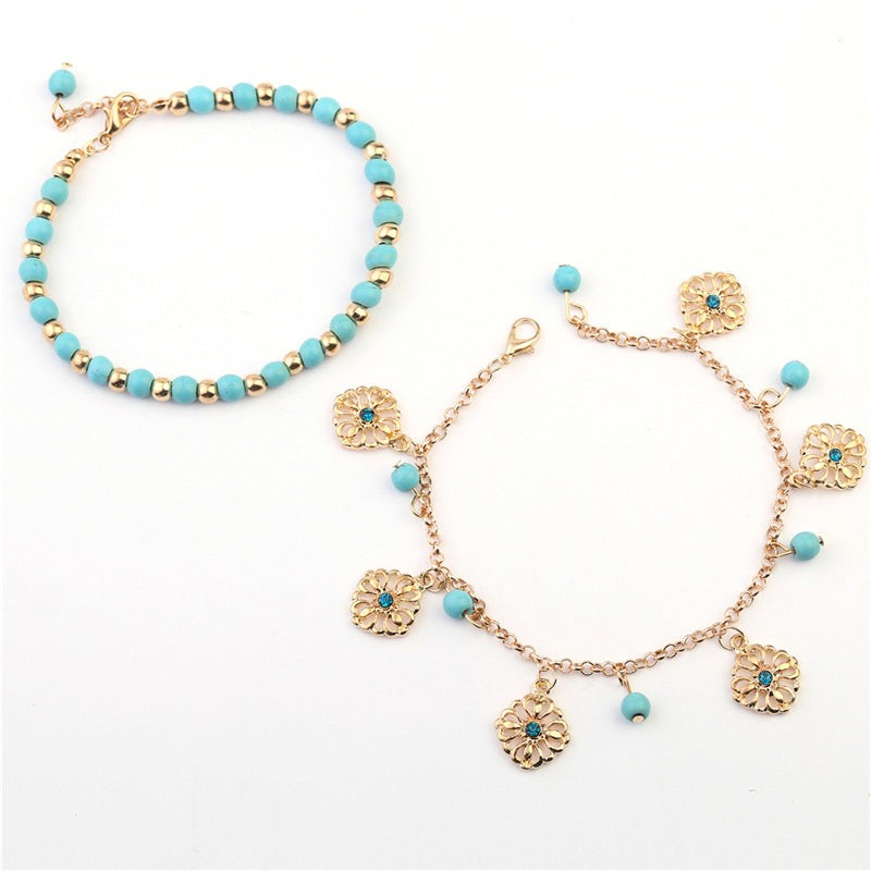 Mythstone 2Pcs Turquoise Stone Flower Protection Bracelet Anklet