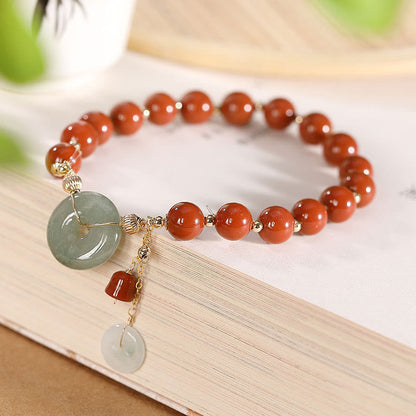 Mythstone 14k Gold Filled Jade Red Agate Peace Buckle Copper Coin Gourd Confidence Bracelet