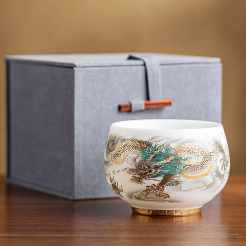 Mythstone Dragon Phoenix Auspicious Clouds Ceramic Teacup Kung Fu Tea Cup With Gift Box