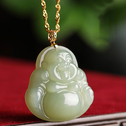 Mythstone 925 Sterling Silver Laughing Buddha Cyan Jade 18K Gold Success Necklace Pendant