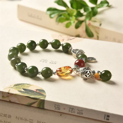 Mythstone 925 Sterling Silver Hetian Cyan Jade Gourd Amber Success Bracelet