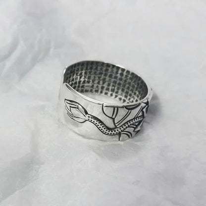 Mythstone 999 Sterling Silver Lotus Symbol Heart Sutra Protection Ring