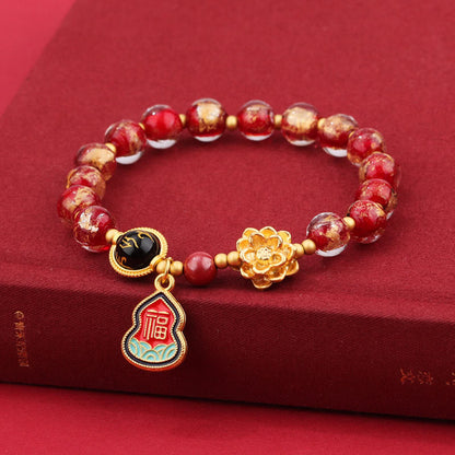 Pulsera de la suerte con cuentas de vidrio de loto y liuli con dije de calabaza y personaje Om Mani Padme Hum Fu del Tíbet