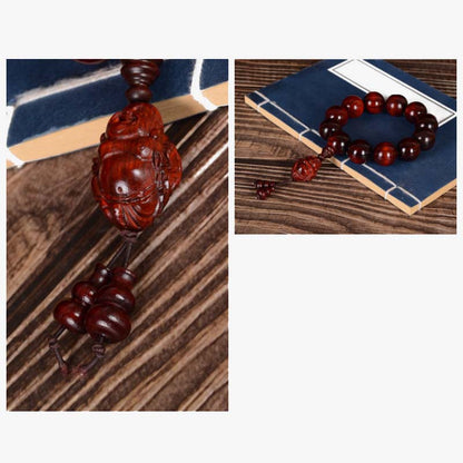 Mythstone Small Leaf Red Sandalwood Laughing Buddha God of Wealth Protection Bracelet