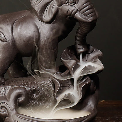 Mythstone Tibetan Elephant Purple Clay Backflow Smoke Fountain Peace Healing Incense Burner Decoration