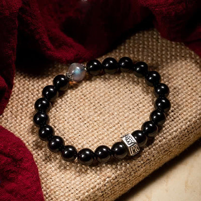 Mythstone Chinese Zodiac Natal Buddha 925 Sterling Silver Black Obsidian Moonstone Strength Bracelet