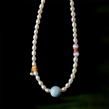 Mythstone 925 Sterling Silver Natural Pearl Larimar Sincerity Necklace Pendant