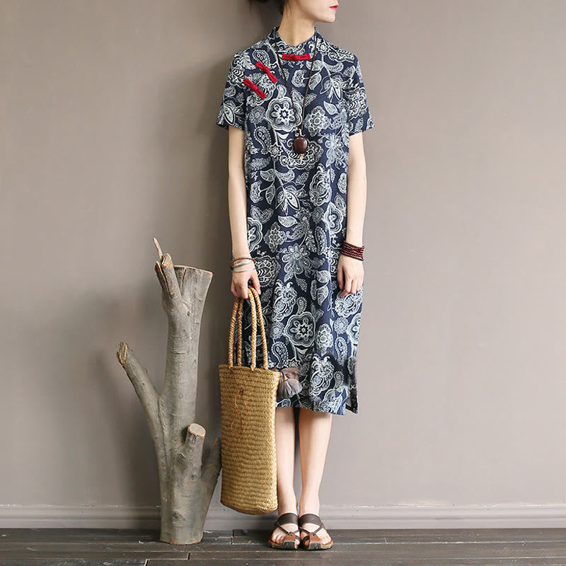 Mythstone Blue White Flower Frog-button Cheongsam Dresses Short Sleeve Linen Dresses With Pockets