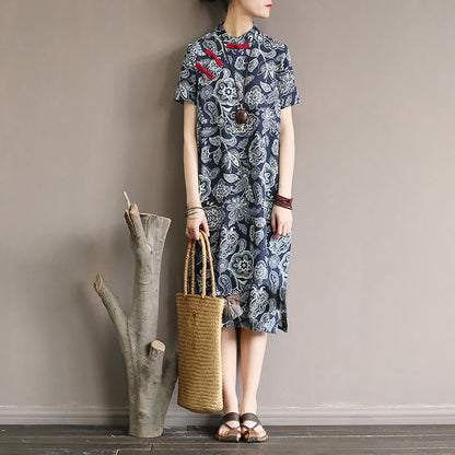 Mythstone Blue White Flower Frog-button Cheongsam Dresses Short Sleeve Linen Dresses With Pockets