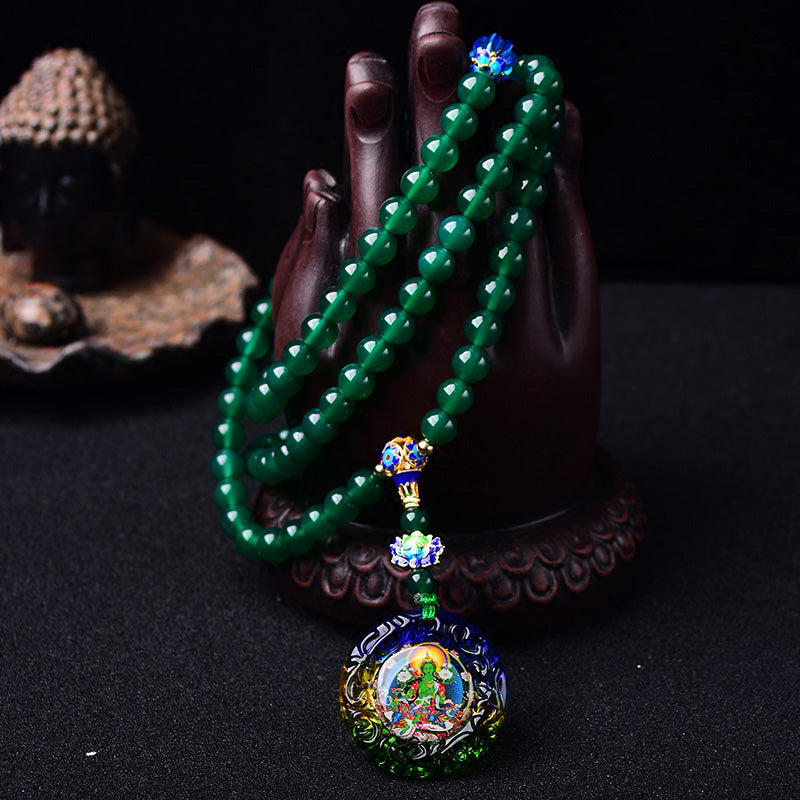 Mythstone 108 Mala Beads Natural Green Agate Bodhisattva Green Tara Manifestation Charm Bracelet