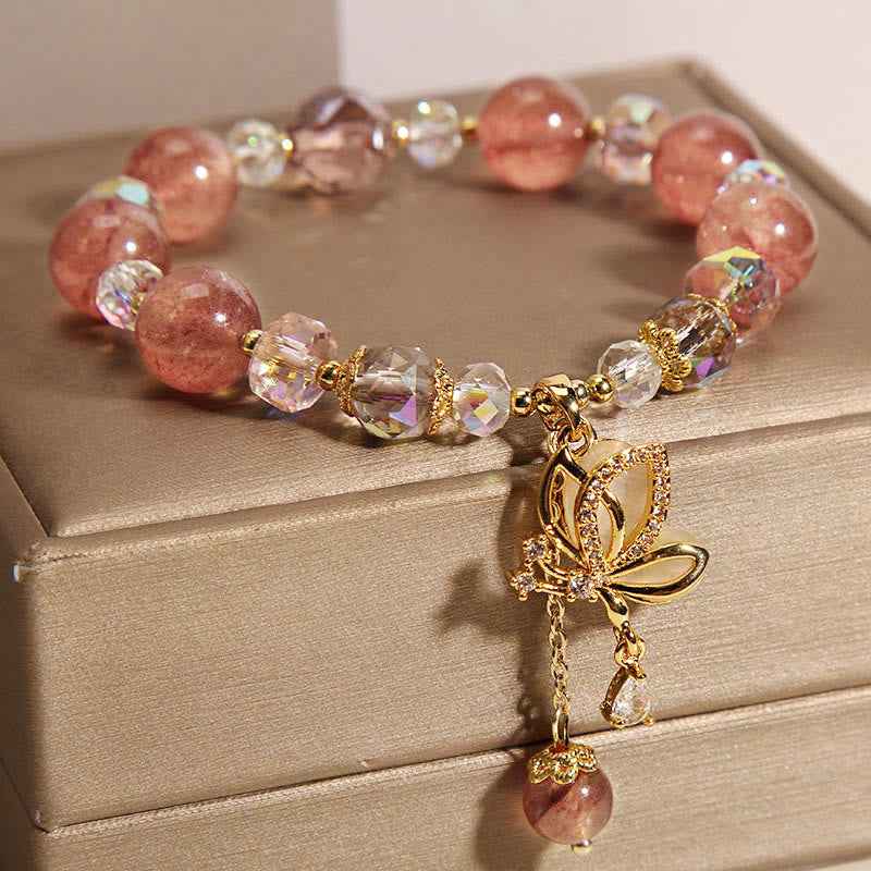 Mythstone Natural Strawberry Quartz Healing Positive Butterfly Charm Bracelet