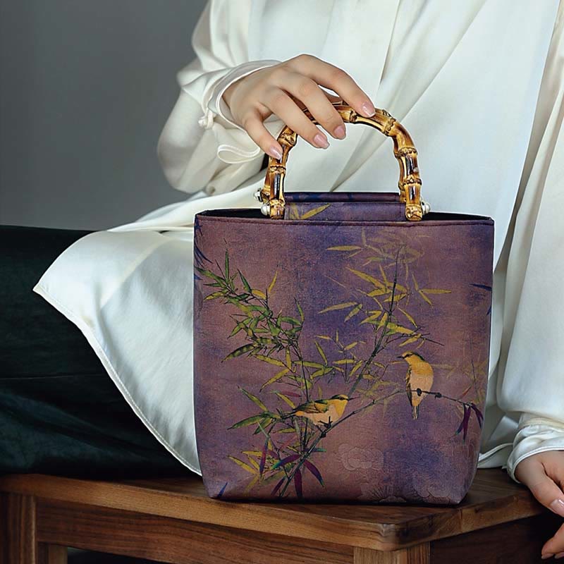 Mythstone Purple Magpie Birds Branches Bamboo Handles Handbag