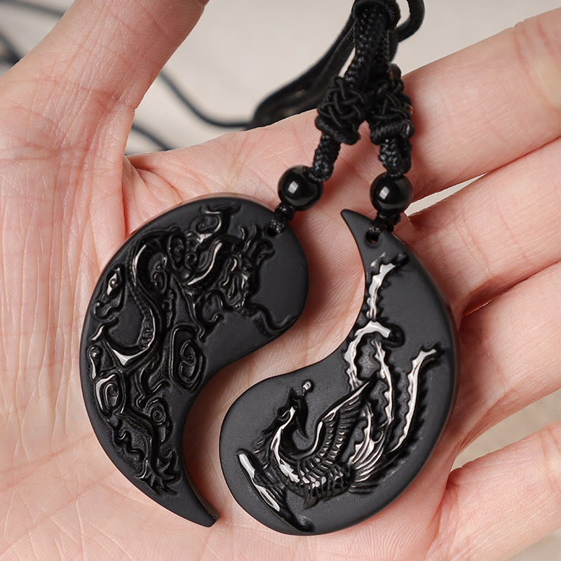 Mythstone Black Obsidian Yin Yang Dragon Phoenix Luck Necklace Pendant