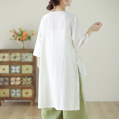 Mythstone Buttons Three Quarter Sleeve Lace-up Shirt Wide Leg Pants Meditation Cotton Linen Clothing