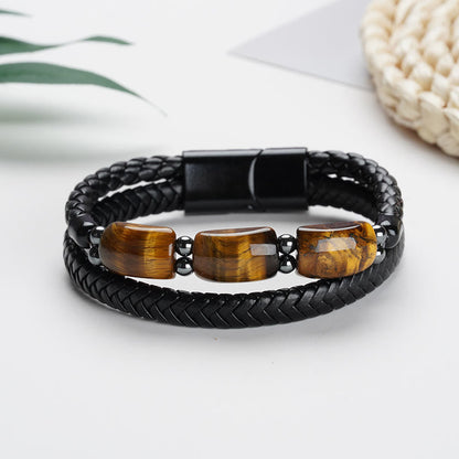 Mythstone Natural Tiger Eye Protection Willpower Magnetic Buckle Leather Bracelet