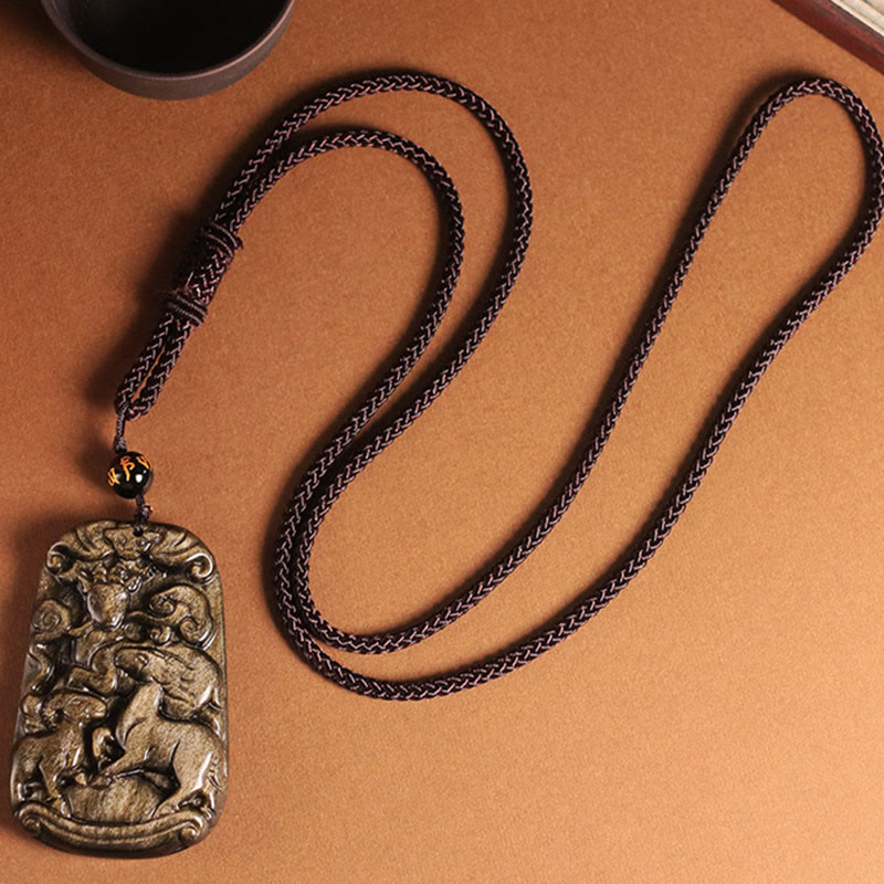 Mythstone Gold Sheen Obsidian Three Goats Bring Good Luck Pattern Wealth Necklace Pendant