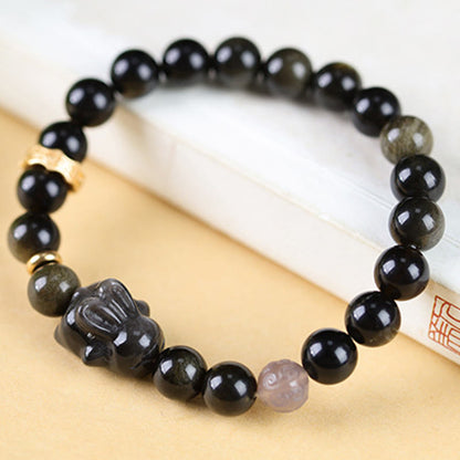 Mythstone Gold Sheen Obsidian Black Obsidian Silver Sheen Obsidian Cute Rabbit Protection Bracelet