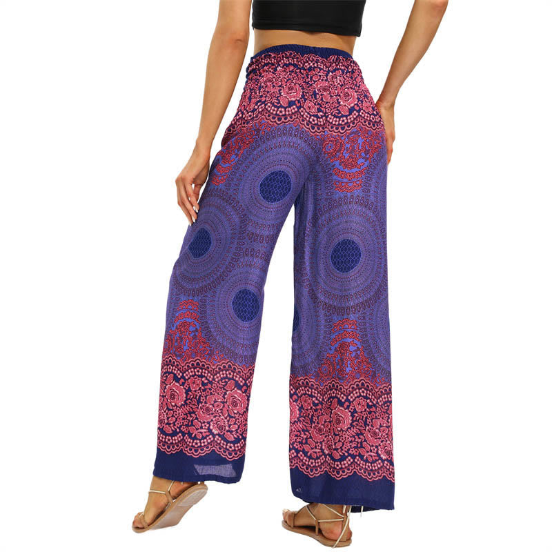 Mythstone Bohemian Compass Flower Print Lace-up Wide Leg Pants Women's Yoga Pants