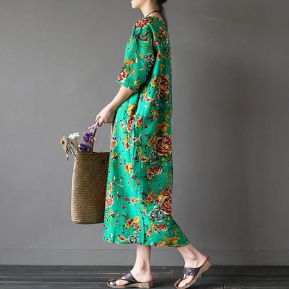 Mythstone Red Peony Flowers Printed Midi Dress Half Sleeve Cotton Linen Dress