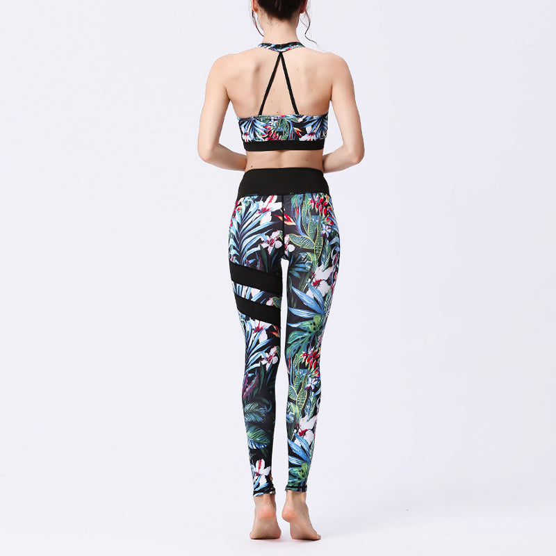 Mythstone 2Pcs Sunflower Flowers Leaves Print Top Pants Sports Fitness Yoga Women's Yoga Sets