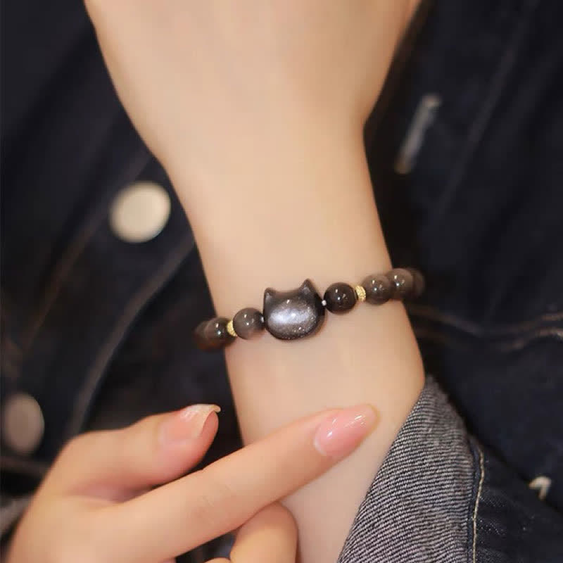 Mythstone Gold Sheen Obsidian Silver Sheen Obsidian Lovely Paw Lucky Cat Protection Bracelet