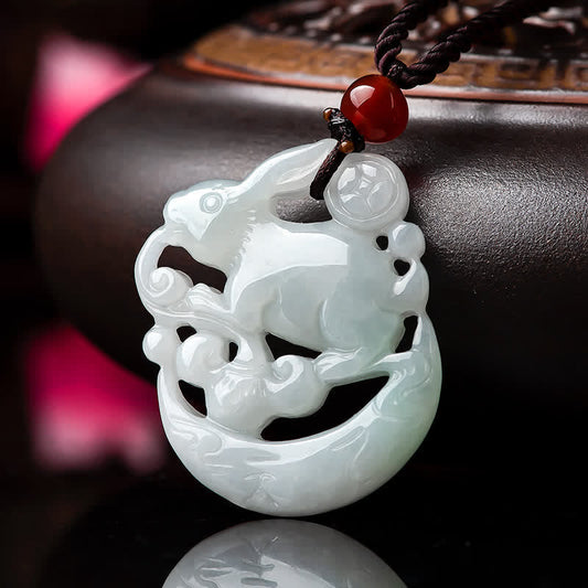 Mythstone Year of the Rabbit White Jade Crescent Moon Protection Necklace Pendant