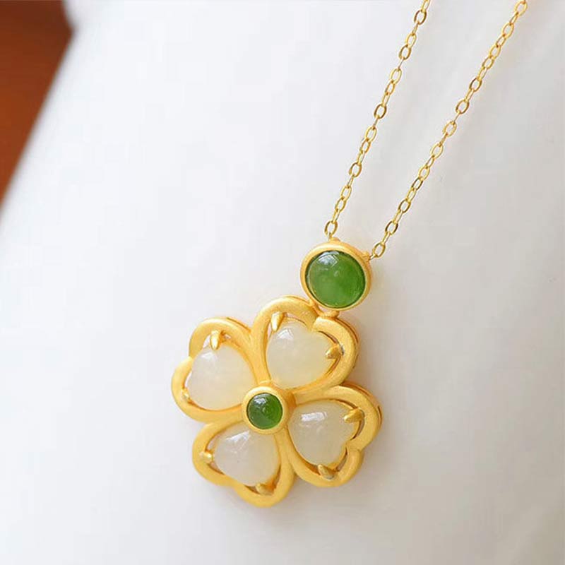 Mythstone 925 Sterling Silver Lucky Four Leaf Clover Jade Prosperity Necklace Chain Pendant