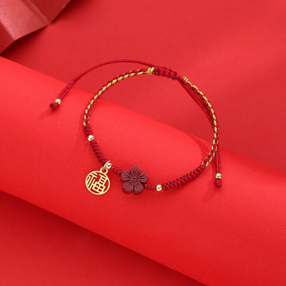 Mythstone Cinnabar Flower Fu Character Blessing Braided String Bracelet