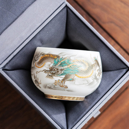 Mythstone Dragon Phoenix Auspicious Clouds Ceramic Teacup Kung Fu Tea Cup With Gift Box