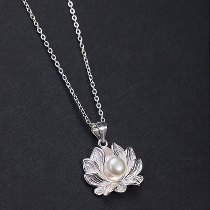 Mythstone 925 Sterling Silver Lotus Flower Pearl Wealth Necklace Pendant