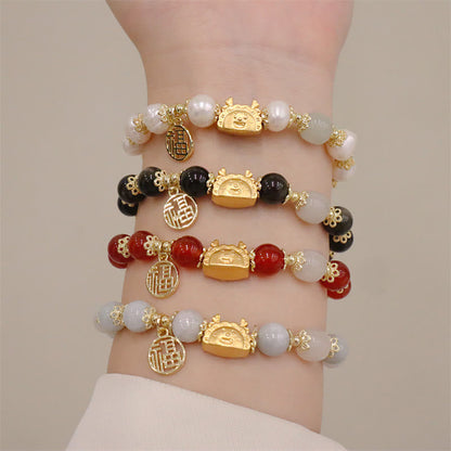 Mythstone Year Of The Dragon Red Agate Strawberry Quartz Black obsidian Jade Garnet Pearl Cinnabar Dumpling Dragon Luck Fu Character Bracelet