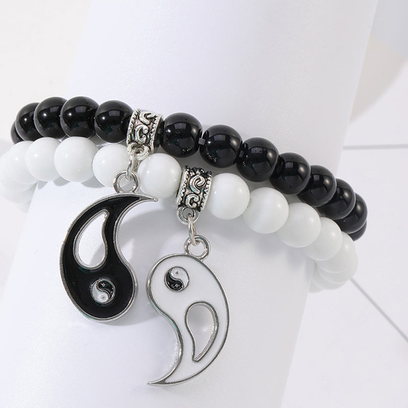 Pulsera de pareja con protección Yin Yang y cuentas de turquesa blanca y ónix negro de MythStone, 2 piezas 