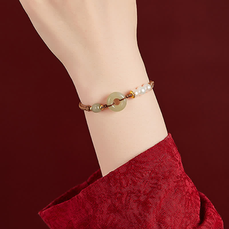 Mythstone Natural Hetian Jade Pearl Peace Buckle Luck Bracelet