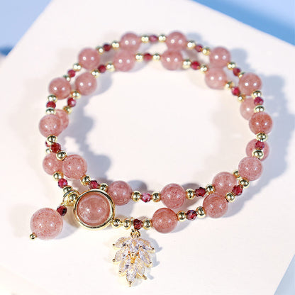 MythStone Natural Strawberry Quartz Love Healing Maple Leaf Charm Double Wrap Bracelet