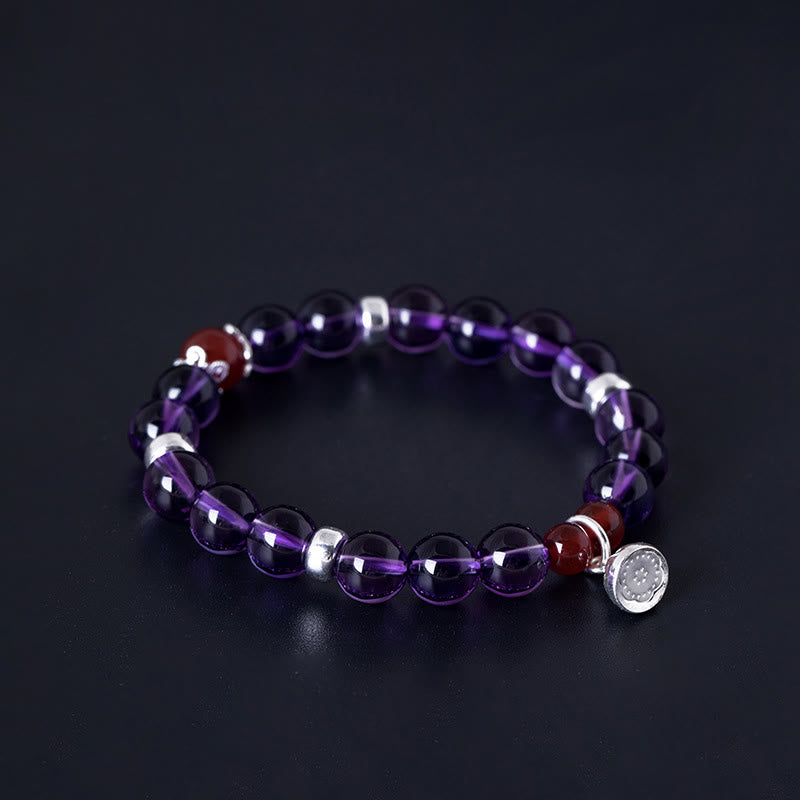 Mythstone 925 Sterling Silver Natural Amethyst Red Agate Lotus Positive Bracelet