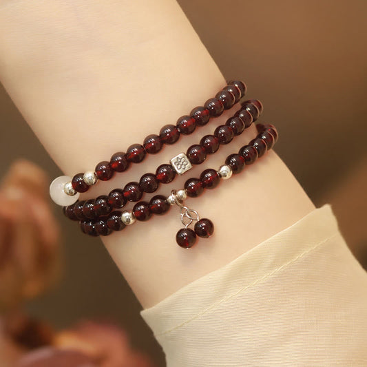 MythStone 925 Sterling Silver Natural Garnet Cat Eye Protection Triple Wrap Bracelet