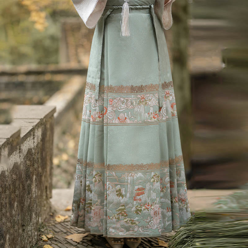 Falda con estampado de cara de caballo y jardín de melocotón verde Hanfu chino Mythstone Mamianqun