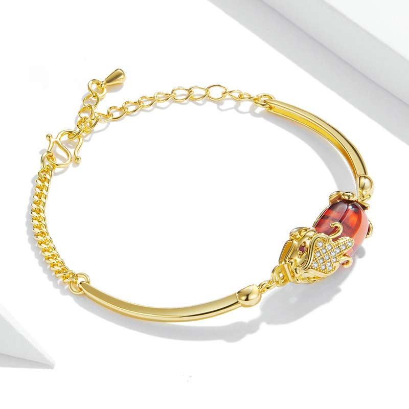 Pulsera de PiXiu de ágata roja dorada y piedra mitológica Feng Shui para la suerte y la riqueza