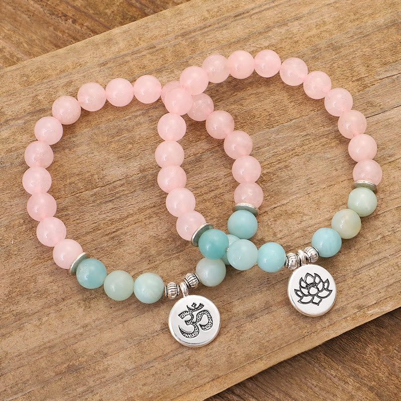 Mythstone Natural Pink Crystal Amazonite Lotus Buddha OM Symbol Warmth Bracelet