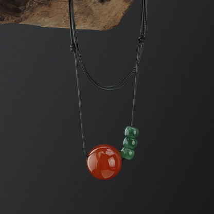 Mythstone Red Agate Green Aventurine Green Bodhi Seed Bead Calm Leather Rope Necklace Pendant