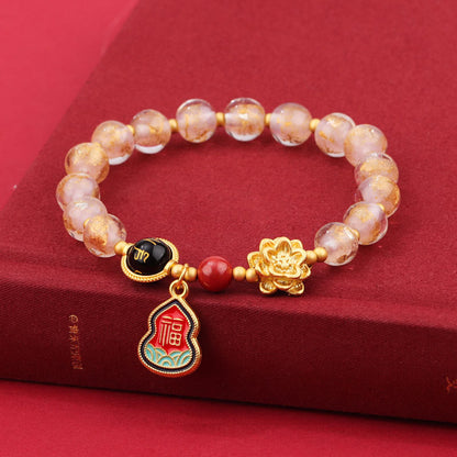 Pulsera de la suerte con cuentas de vidrio de loto y liuli con dije de calabaza y personaje Om Mani Padme Hum Fu del Tíbet