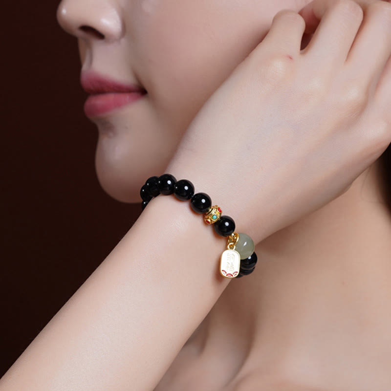 Mythstone Black Onyx Hetian Jade Bead Lucky Fortune Charm Bracelet